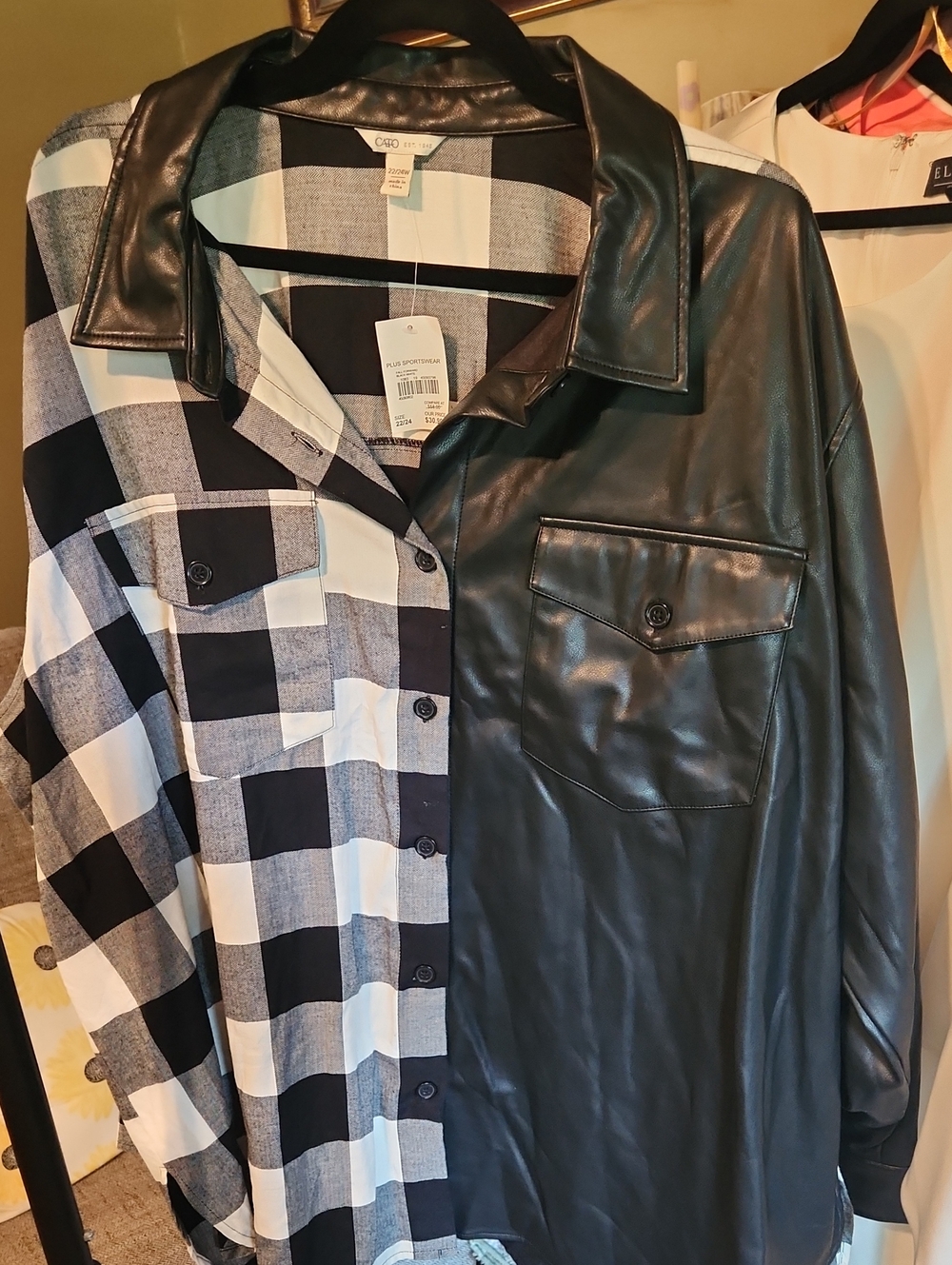 Cato Black Faux Leather and Black & White Check Mixed-Media Button-Down